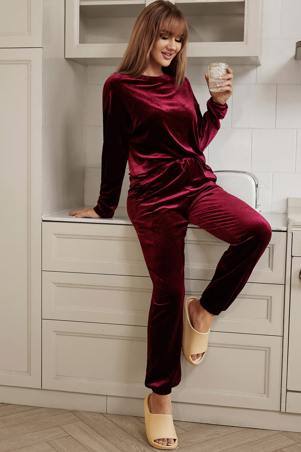 - Red Solid Velvet Round Neck Top & Drawstring Pants Longe Set - womens loungewear at TFC&H Co.