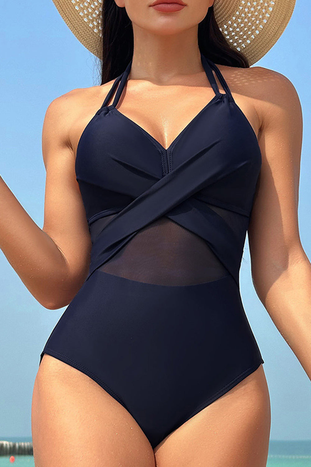 Navy Blue 80%nylon+20%spandex - Navy Blue Halter Mesh Cross Front One-Piece Swimsuit - womens one piece swimsuit at TFC&H Co.