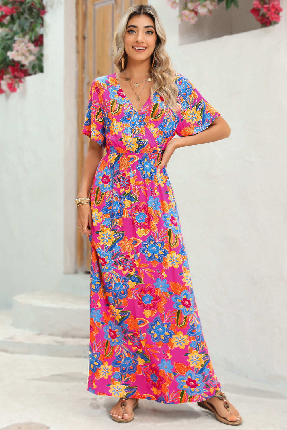 - Bohemian Abstract Print Wrap V Neck Color Block Maxi Dress - Maxi Dresses at TFC&H Co.