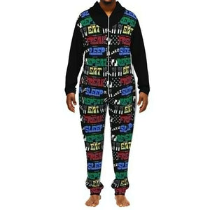 BLACK "Eat Freak Sleep Repeat" Unisex Thickened Home Jumpsuit - unisex pajama jumpsuit at TFC&H Co.