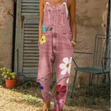 Pink - Flower Printed Washed Denim Overalls - womens overalls at TFC&H Co.