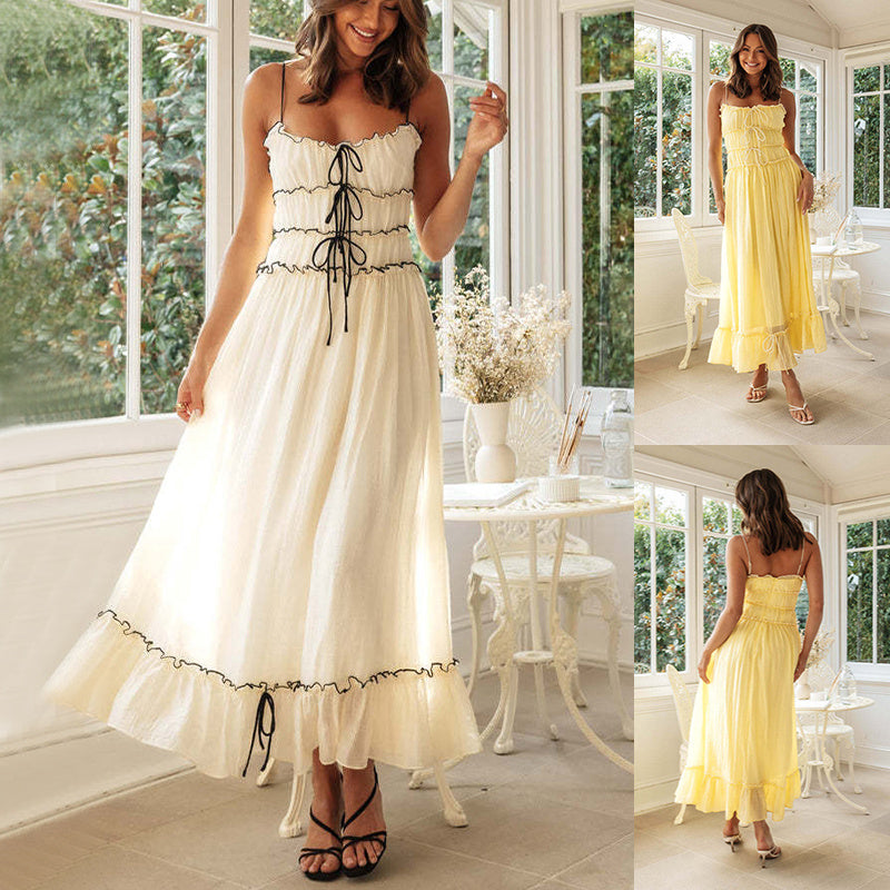 Summer Spaghetti Strap Long Dresses With Bow Beach Dress For Women