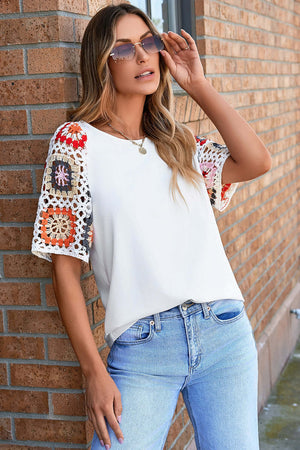 - Floral Crochet Short Sleeve Top for Women - womens t-shirt at TFC&H Co.