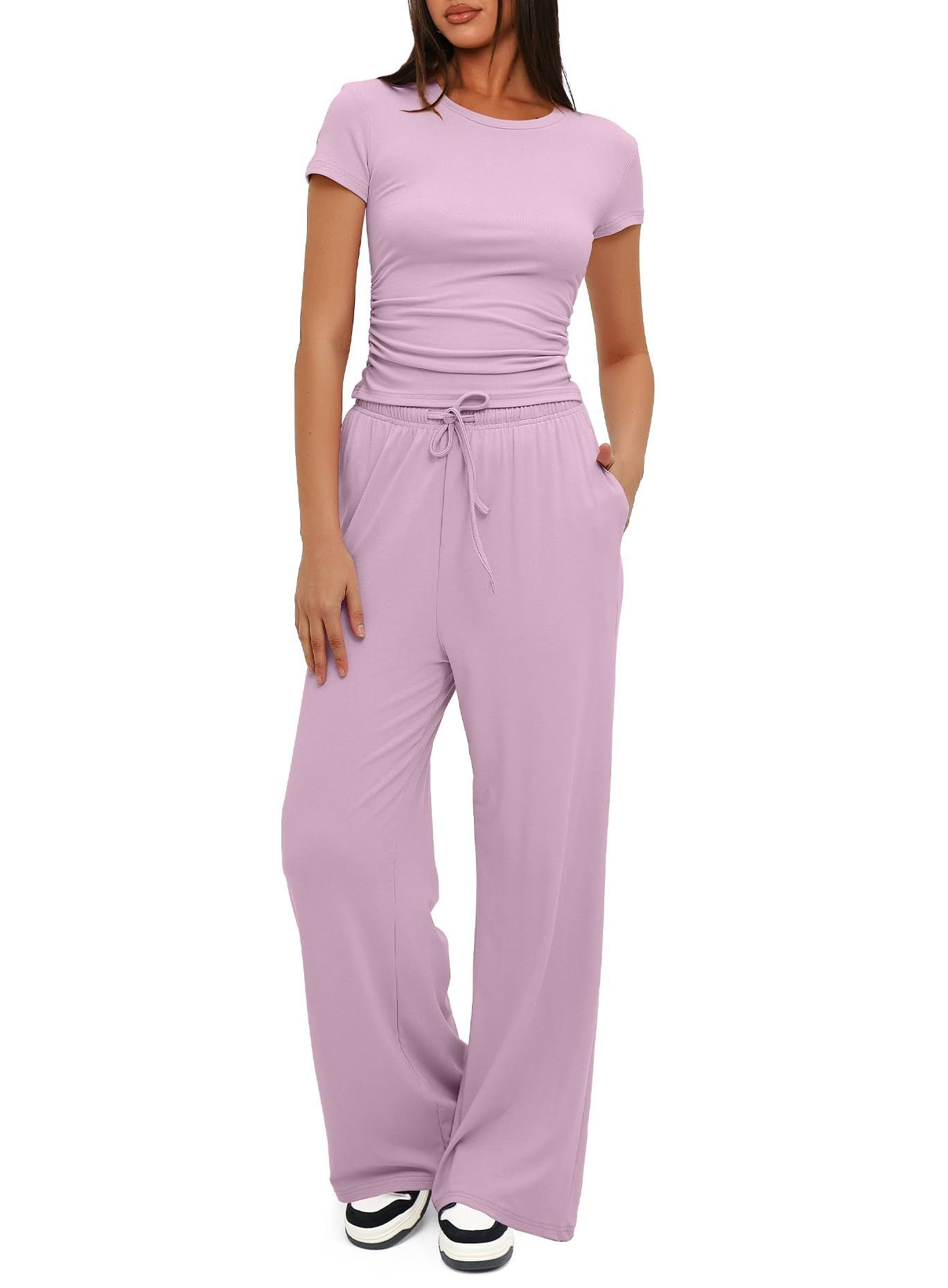 Pink - 2pcs Solid Color Casual Sport Short-sleeved Women'sTop And High-waisted Drawstring Wide-leg Pants - womens pants set at TFC&H Co.