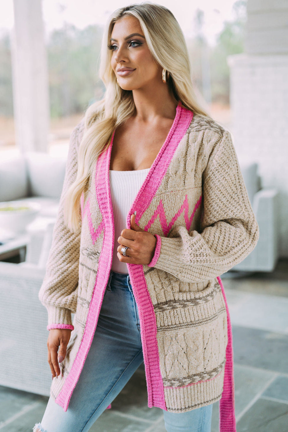 Geometric Cable Knit Pocketed Open Front Cardigan - women's cardigan at TFC&H Co.