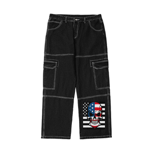 Skull Flag (Black)Streetwear Unisex Pockets Wide-Legged Straight Cut Denim Jeans - men's jeans at TFC&H Co.