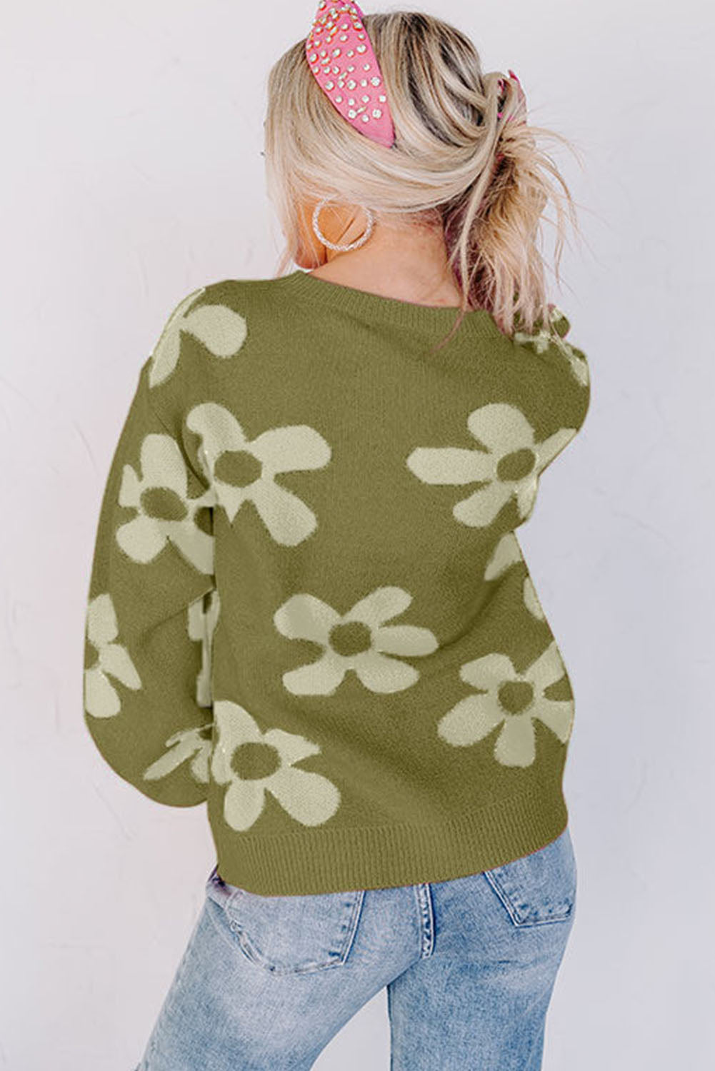 - Floral Print Knitted Long Sleeve Pullover Sweater - 2 colors - Womens Sweaters at TFC&H Co.