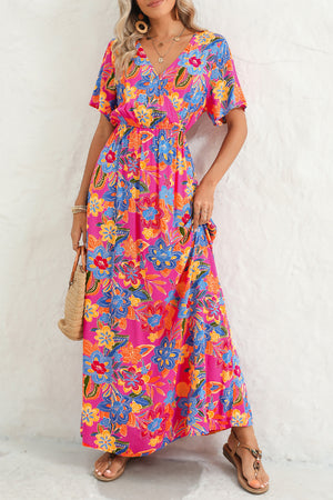 Rose - Bohemian Abstract Print Wrap V Neck Color Block Maxi Dress - Maxi Dresses at TFC&H Co.