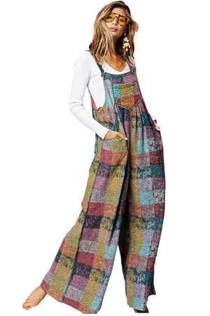 - Multicolor Brushed Checked Pockets Pleated Women's Wide Leg Overall - womens overalls at TFC&H Co.