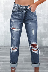 Navy Blue 93%Cotton+5%polyester+2%Elastane Light Wash Frayed Slim Fit High Waist Jeans - women's jeans at TFC&H Co.