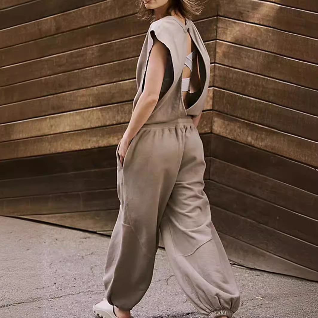 Summer Loose Sleeveless Long Backless Jumpsuit with Pockets
