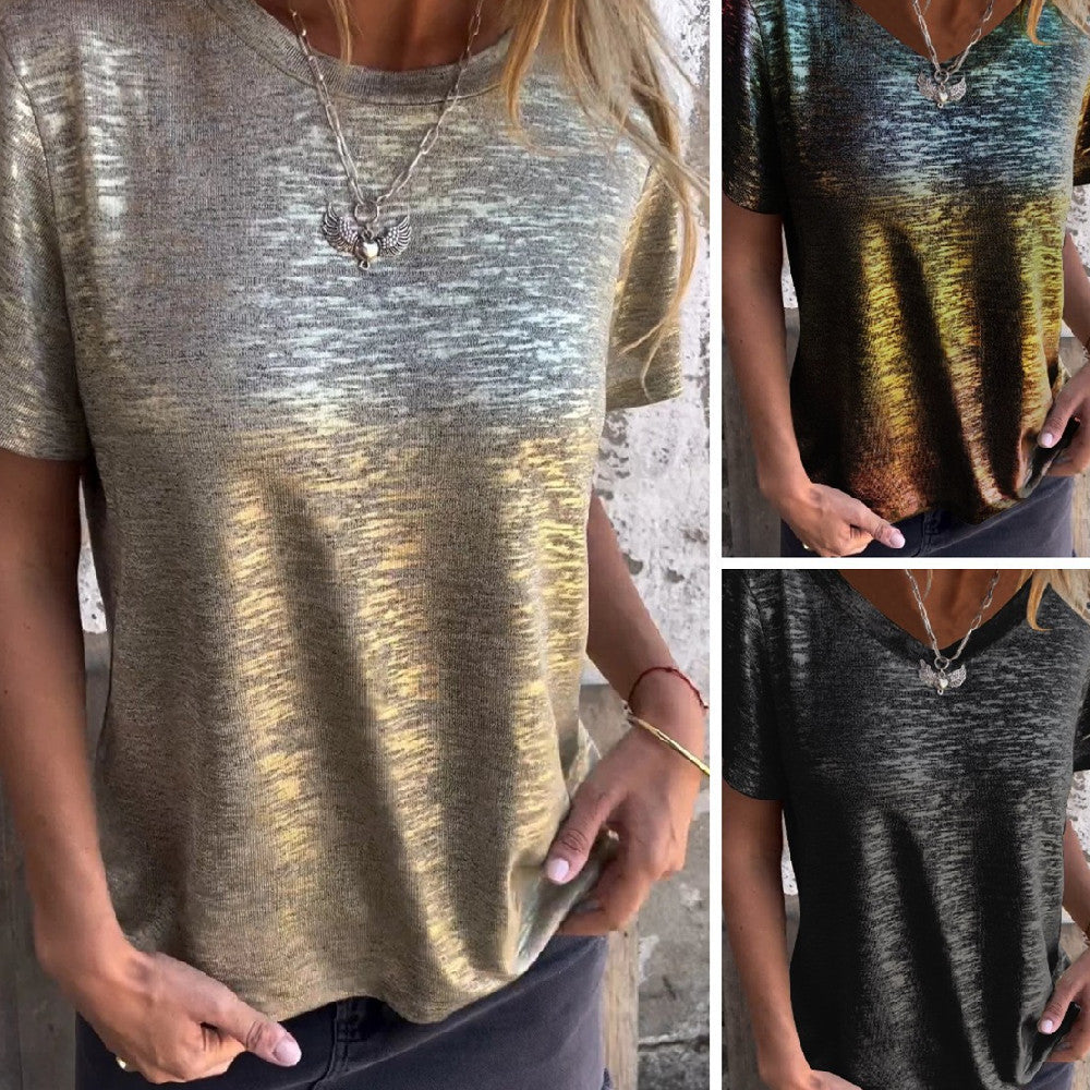 - Women's Fashion Casual Metallic Shine Short Sleeve Round Neck T-Shirt - women's t-shirt at TFC&H Co.