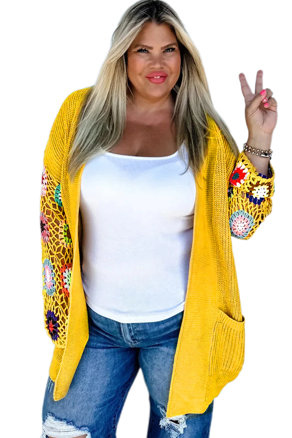 Ginger Plus Size Floral Crochet Sleeve Open Front Cardigan - women's cardigan at TFC&H Co.