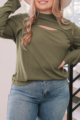 Green 95%Polyester+5%Elastane Green Plus Size Ribbed Mock Neck Peek-A-Boo Cut Out Top - women's shirt at TFC&H Co.