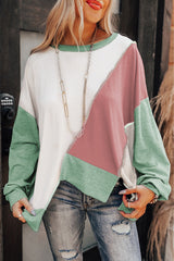 Rose Pink 65%Polyester+30%Cotton+5%Elastane Colorblock Stitching Irregular Hem Long Sleeve Top - women's shirt at TFC&H Co.