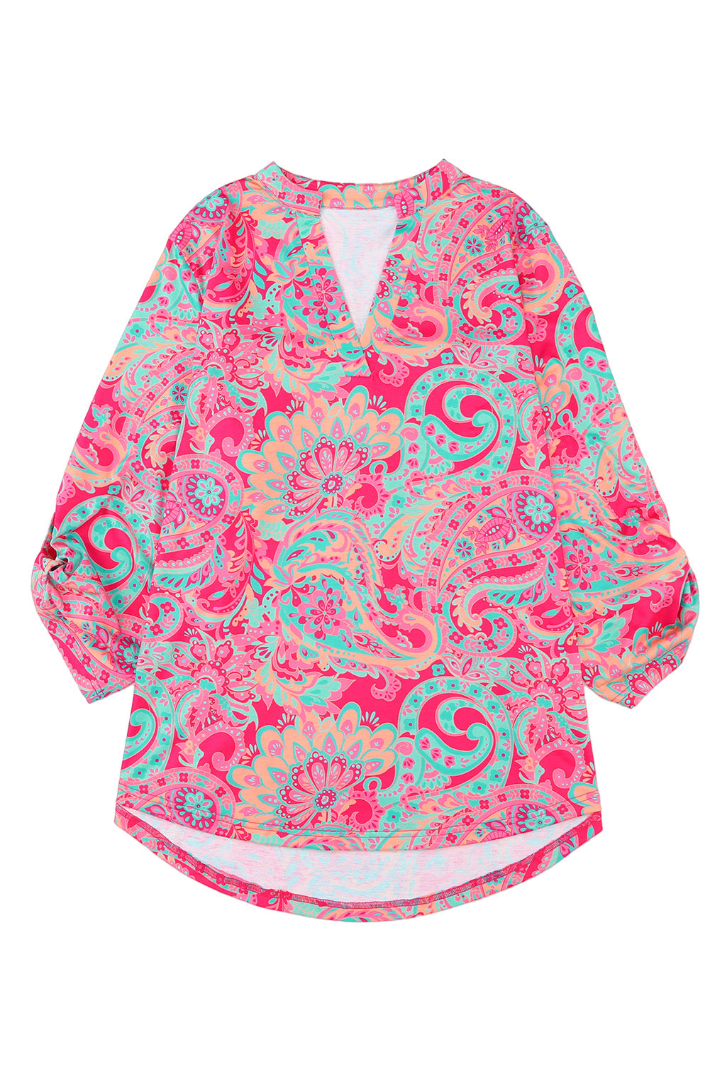 Rose Voluptuous (+) Plus Size Paisley Print V Neck Roll Tab Sleeve Blouse - women's blouse at TFC&H Co.