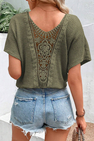 Moss Green - Guipure Lace Splicing Back Waffle Textured Women's T-shirt - T Shirts at TFC&H Co.