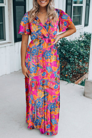 - Bohemian Abstract Print Wrap V Neck Color Block Maxi Dress - Maxi Dresses at TFC&H Co.