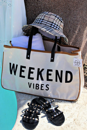 - White WEEKEND VIBES Canvas Tote Beach Bag - tote bag at TFC&H Co.