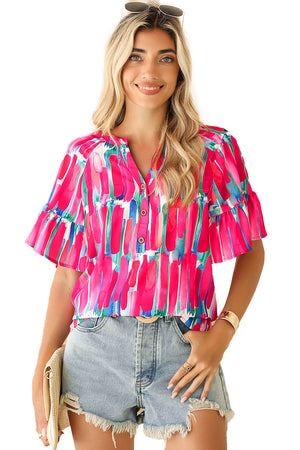 - Rose Abstract Brushwork Print Buttoned V Neck Blouse for Women - womens blouse at TFC&H Co.