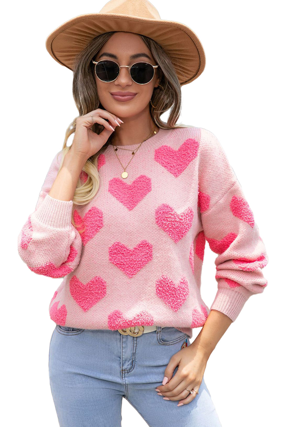 Light Pink Valentines Day Heart Jacquard Knit Sweater - women's sweater at TFC&H Co.