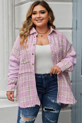 Pink 100%Polyester Pink Voluptuous (+) Plus Size Tweed Plaid Houndstooth Print Shacket - women's shacket at TFC&H Co.