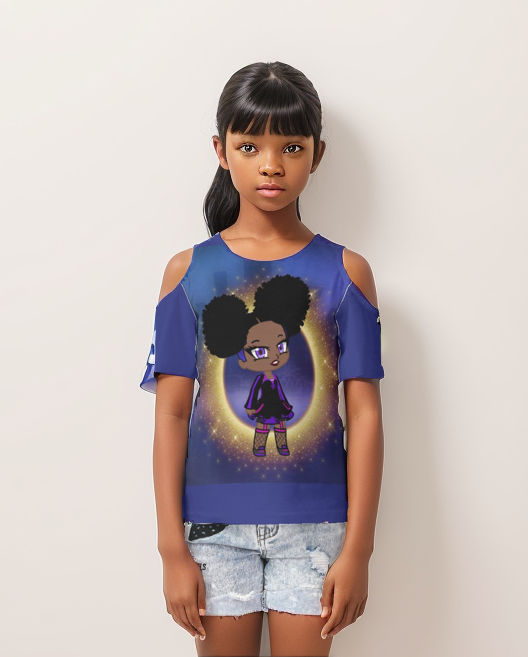 BLUE - Fro-Puff Girl's Cold Shoulder T-shirt With Ruffle Sleeves - girls top at TFC&H Co.