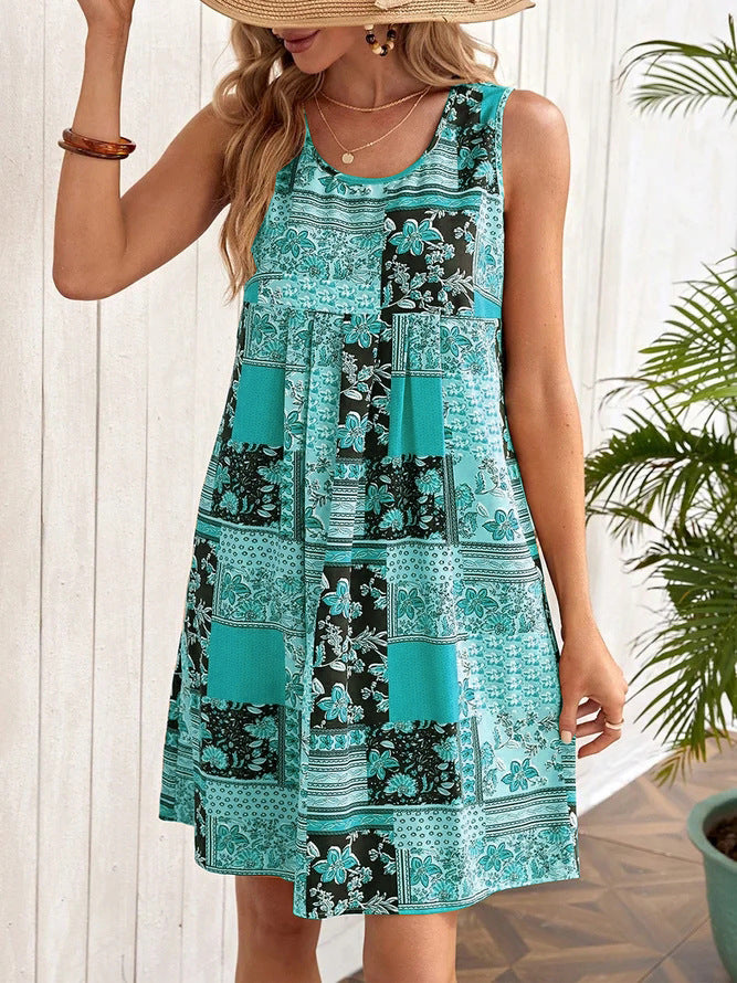 Sky blue - Floral Round Neck Sleeveless Midi Dress for Women - womens dress at TFC&H Co.