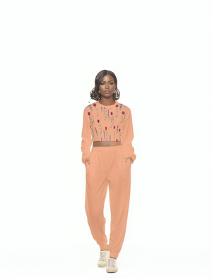 orange Peach Floral Womens Crop Sweatshirt Suit - women's crop top & pants at TFC&H Co.