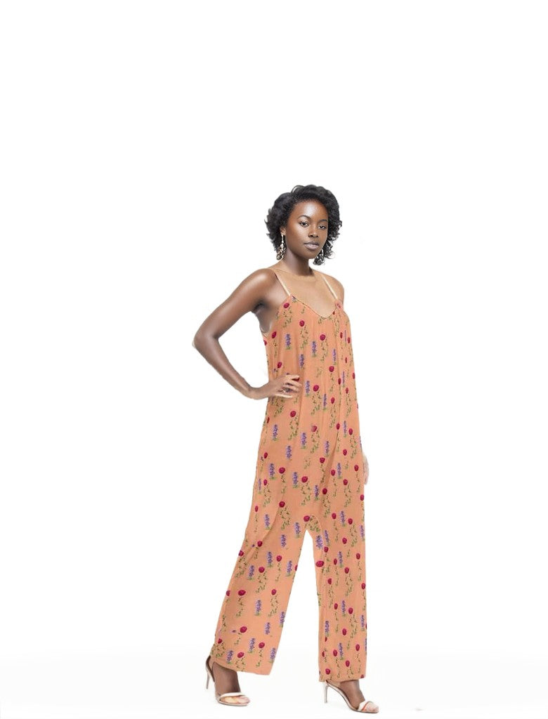 - Peach Floral Womens Loose Cami Jumpsuit - womens jumpsuit at TFC&H Co.