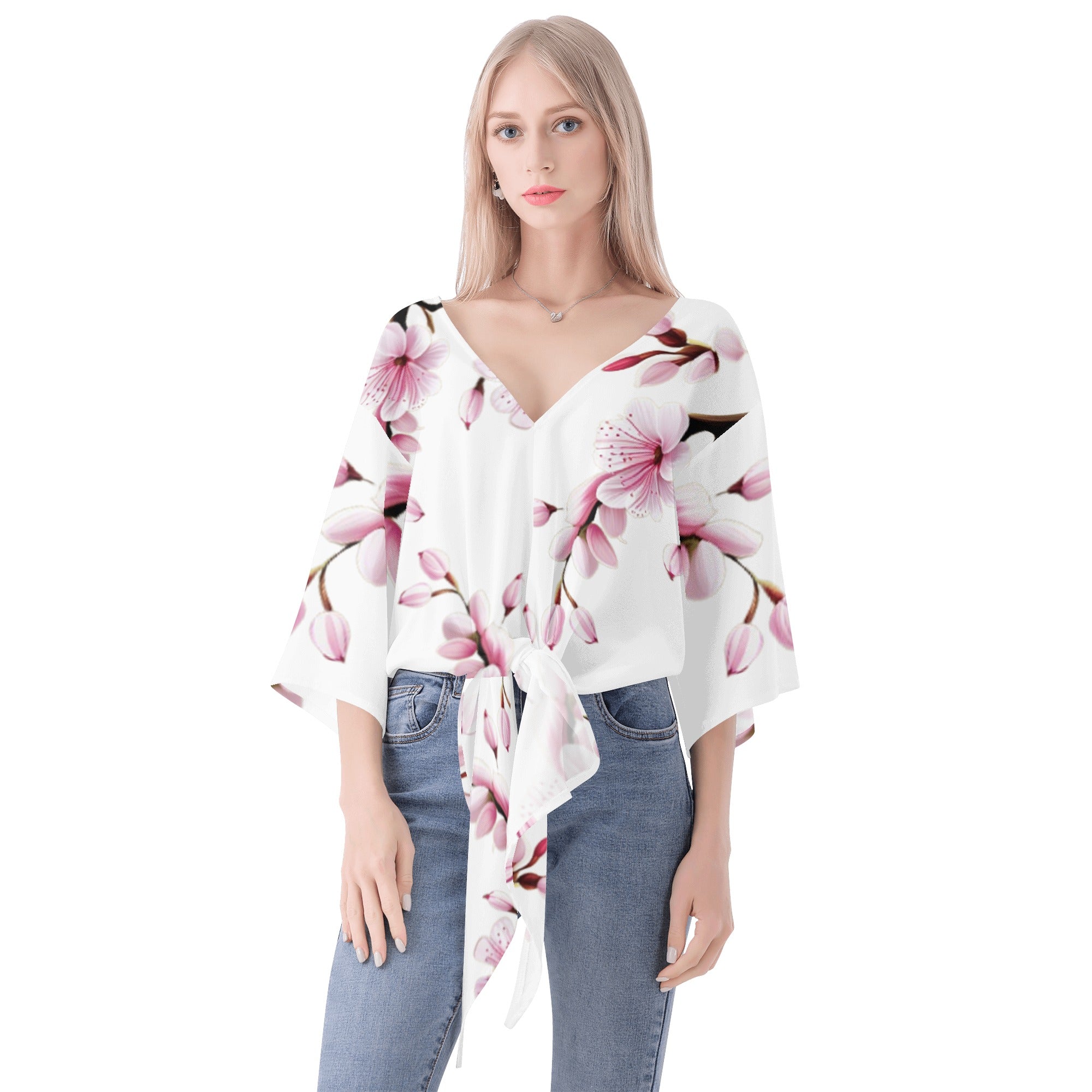 4 - White Cherry Blossom Women‘s’ V-neck Streamers Blouse - White - womens blouse at TFC&H Co.