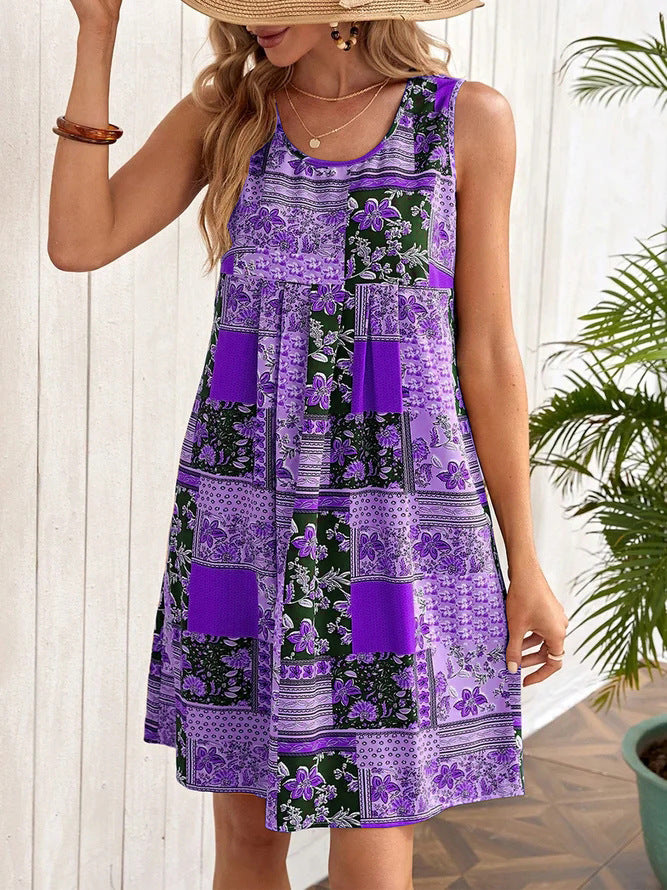 Purple; - Floral Round Neck Sleeveless Midi Dress for Women - womens dress at TFC&H Co.