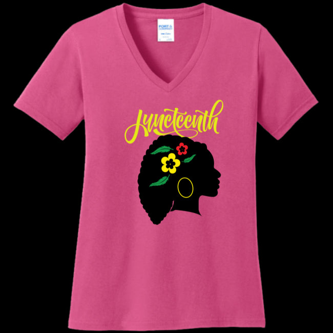 WOMENS V-NECK NEON-PINK - Silhouette of Life Women's Juneteenth V-Neck T-shirt - Ships from The US - womens t-shirt at TFC&H Co.