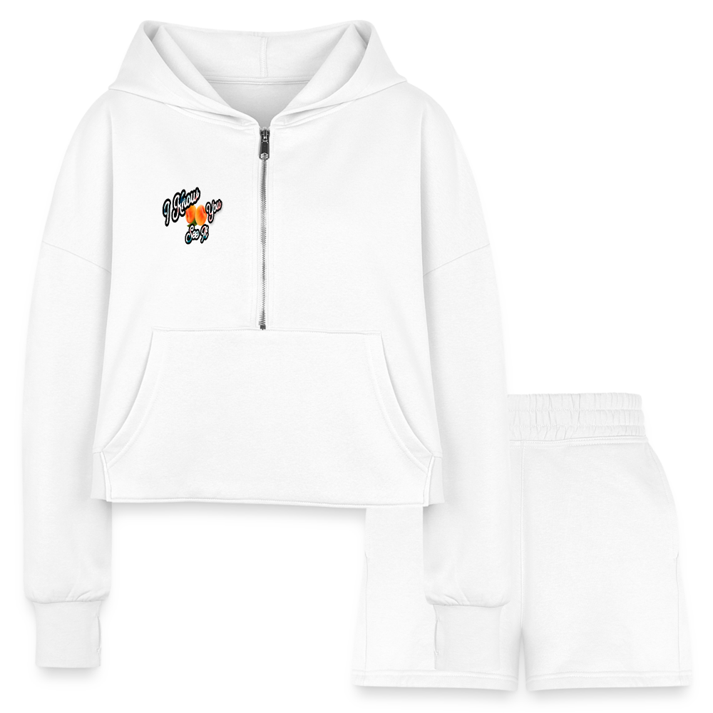 white I Know You See It Women’s Cropped Hoodie & Jogger Short Outfit Set - Women’s Cropped Hoodie & Jogger Short Set at TFC&H Co.