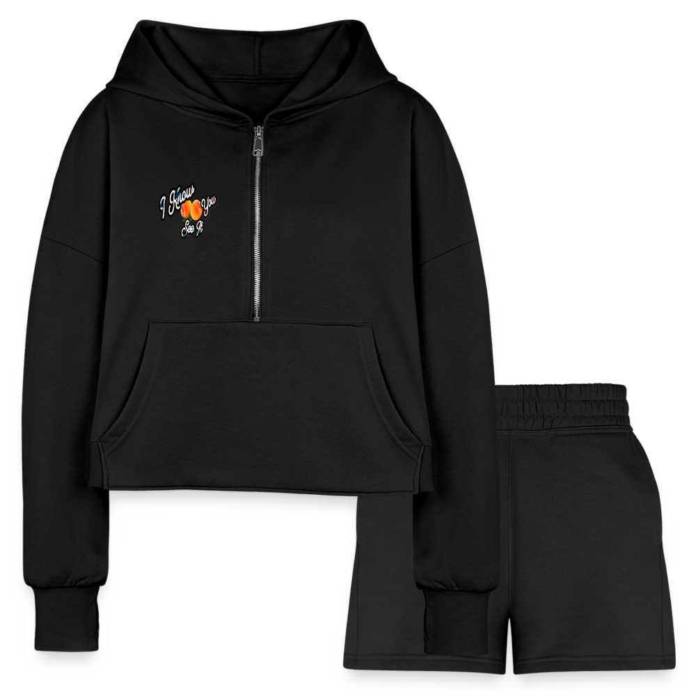 black I Know You See It Women’s Cropped Hoodie & Jogger Short Outfit Set - Women’s Cropped Hoodie & Jogger Short Set at TFC&H Co.