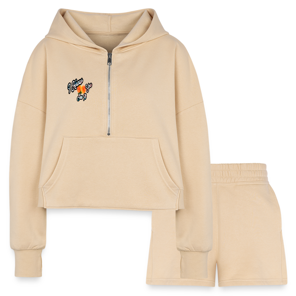 nude I Know You See It Women’s Cropped Hoodie & Jogger Short Outfit Set - Women’s Cropped Hoodie & Jogger Short Set at TFC&H Co.