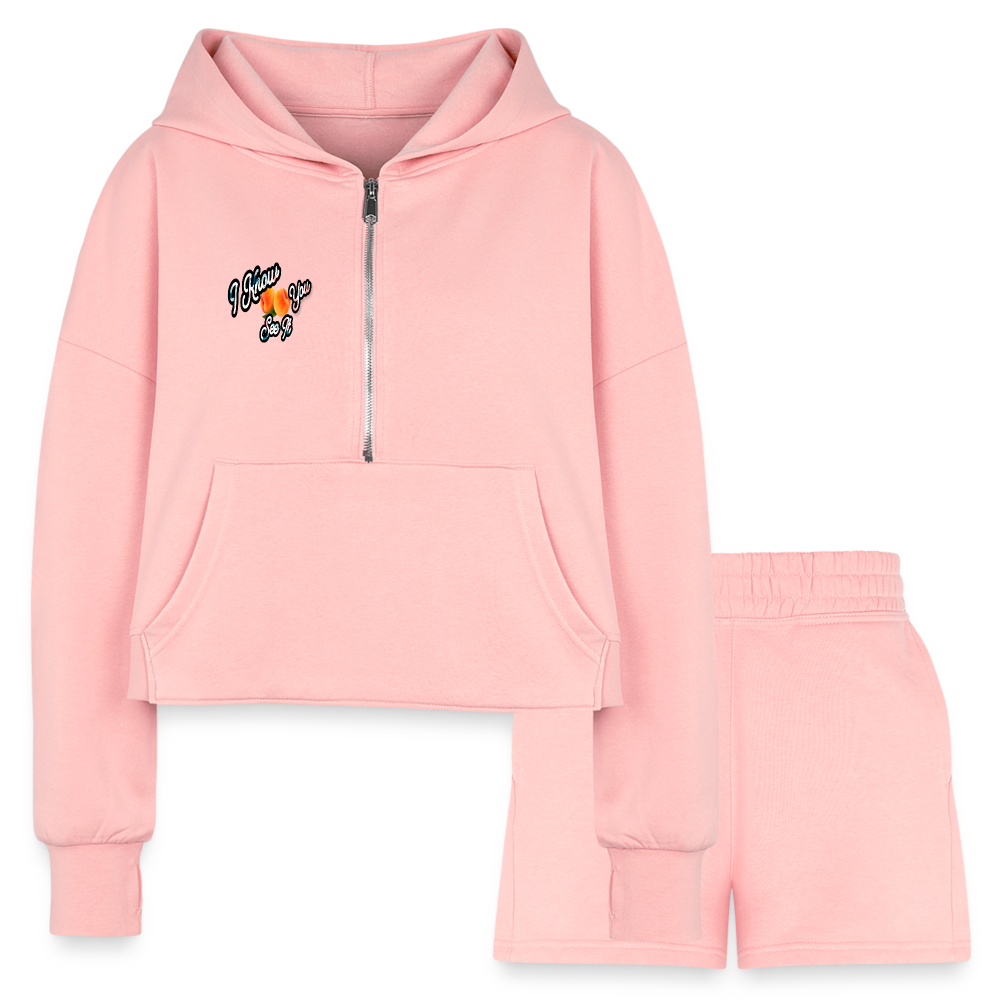 light pink I Know You See It Women’s Cropped Hoodie & Jogger Short Outfit Set - Women’s Cropped Hoodie & Jogger Short Set at TFC&H Co.