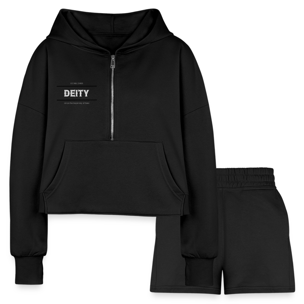 black - Deity Women’s Cropped Hoodie & Jogger Short Outfit Set - Women’s Cropped Hoodie & Jogger Short Set at TFC&H Co.