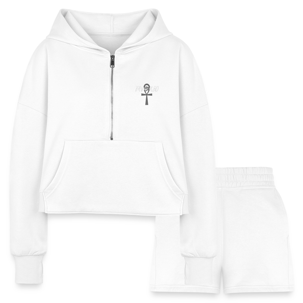 white Favored Women’s Cropped Hoodie & Jogger Short Outfit Set - Women’s Cropped Hoodie & Jogger Short Set at TFC&H Co.