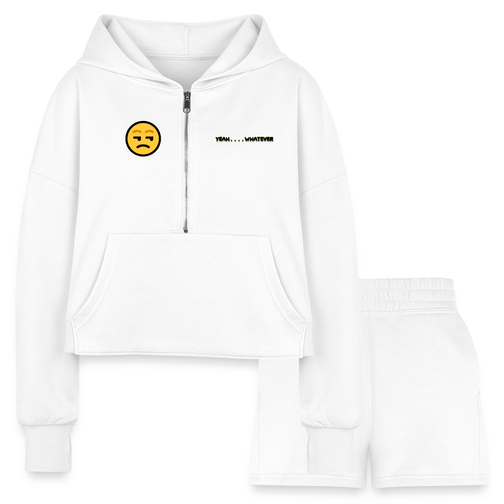 white - Yeah Whatever Women’s Cropped Hoodie & Jogger Short Outfit Set - Women’s Cropped Hoodie & Jogger Short Set at TFC&H Co.