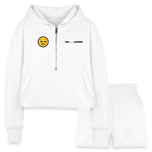 white - Yeah Whatever Women’s Cropped Hoodie & Jogger Short Outfit Set - Women’s Cropped Hoodie & Jogger Short Set at TFC&H Co.