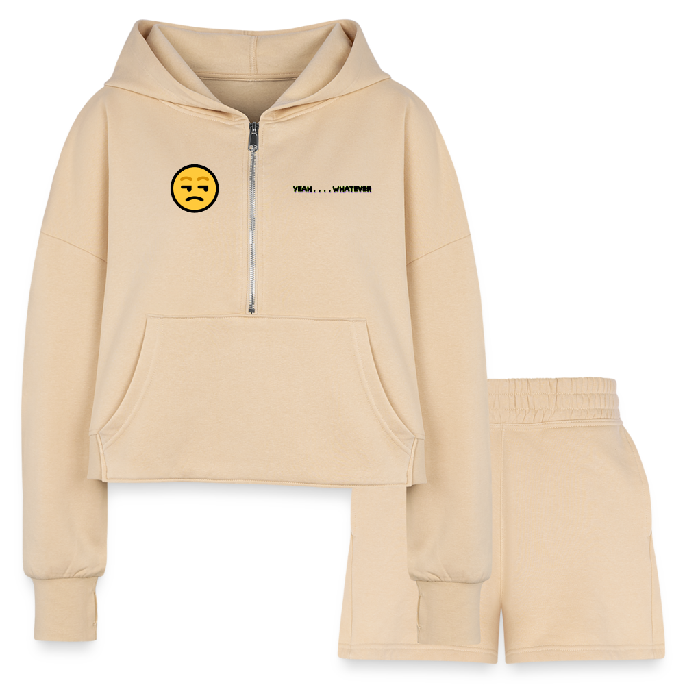 nude - Yeah Whatever Women’s Cropped Hoodie & Jogger Short Outfit Set - Women’s Cropped Hoodie & Jogger Short Set at TFC&H Co.