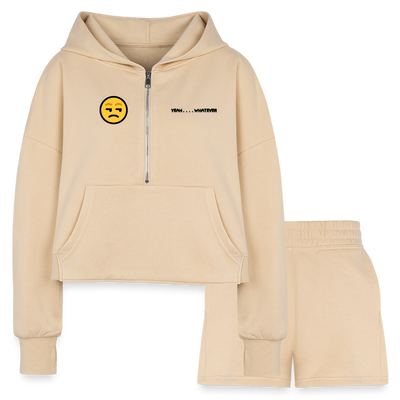 nude - Yeah Whatever Women’s Cropped Hoodie & Jogger Short Outfit Set - Women’s Cropped Hoodie & Jogger Short Set at TFC&H Co.