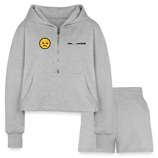 heather gray Yeah Whatever Women’s Cropped Hoodie & Jogger Short Outfit Set - Women’s Cropped Hoodie & Jogger Short Set at TFC&H Co.
