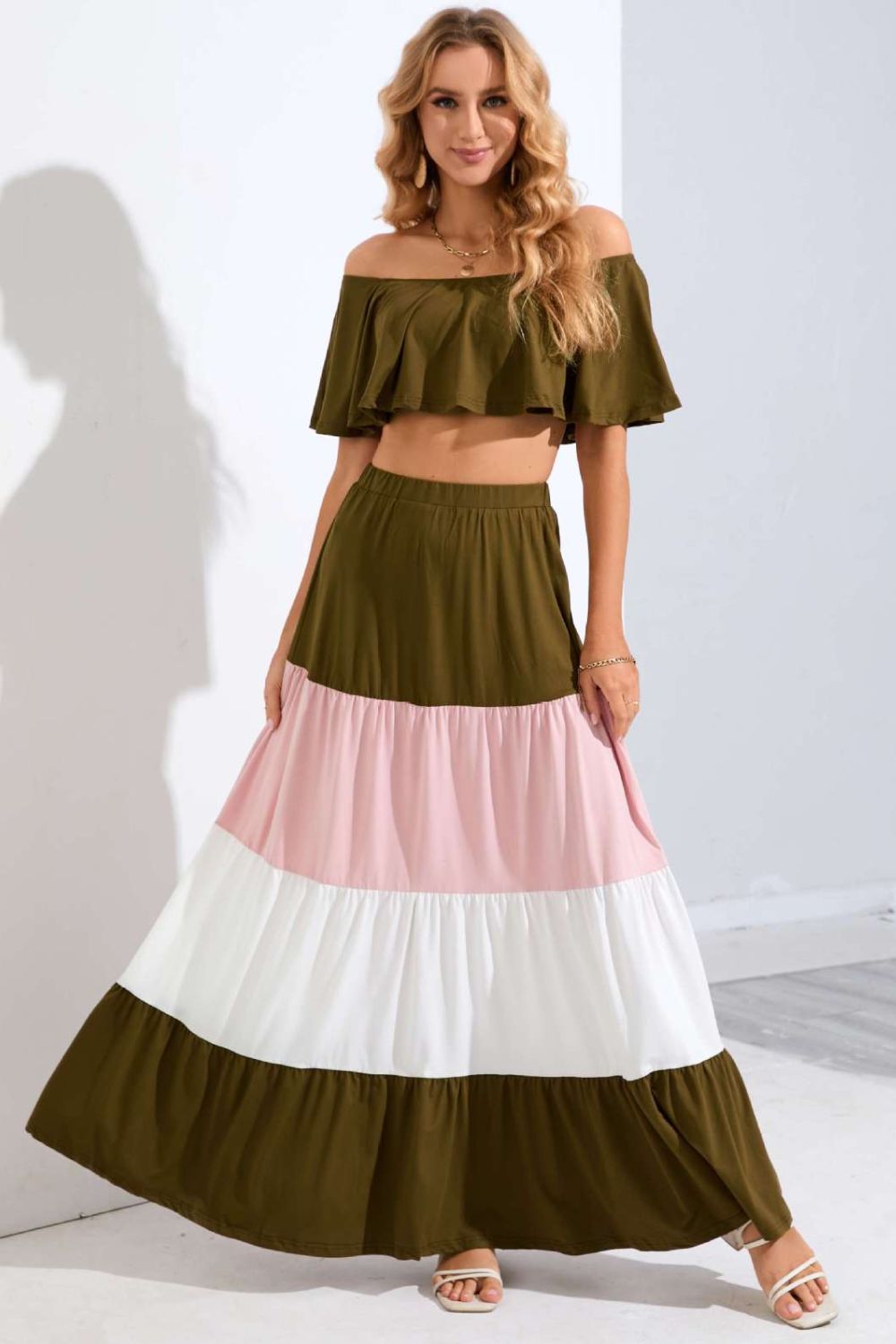 OLIVE BROWN - Off-Shoulder Crop Top and Color Block Tiered Skirt Set - womens top & skirt set at TFC&H Co.