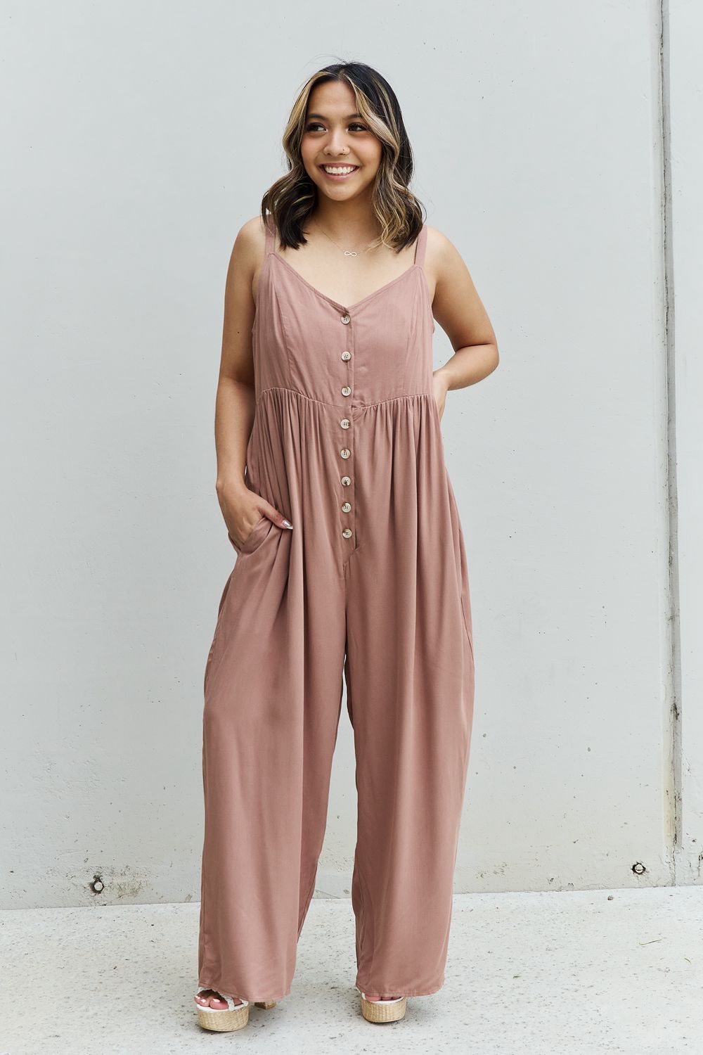 - HEYSON All Day Full Size Wide Leg Button Down Jumpsuit in Mocha - Ships from The USA - womens jumpsuit at TFC&H Co.