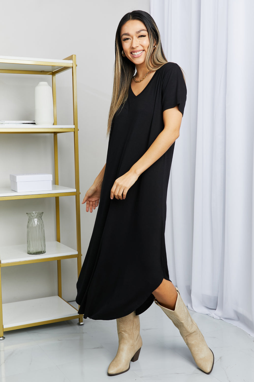 - HYFVE V-Neck Short Sleeve Curved Hem Dress in Black - Ships from The USA - womens dress at TFC&H Co.