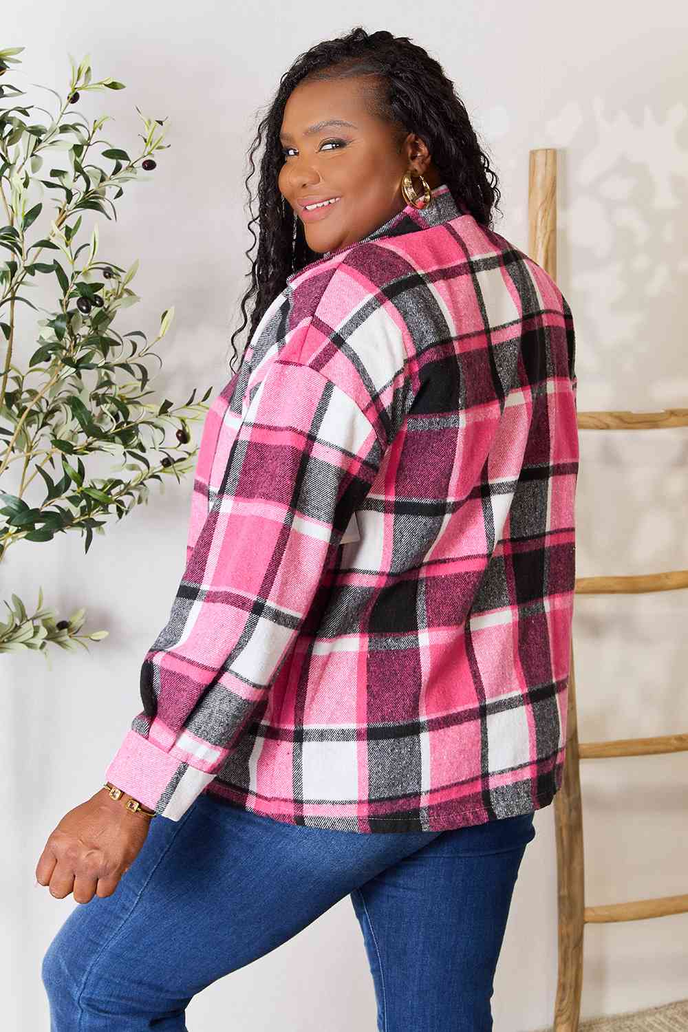 - Double Take Plaid Button Up Collared Neck Jacket - womens shacket at TFC&H Co.