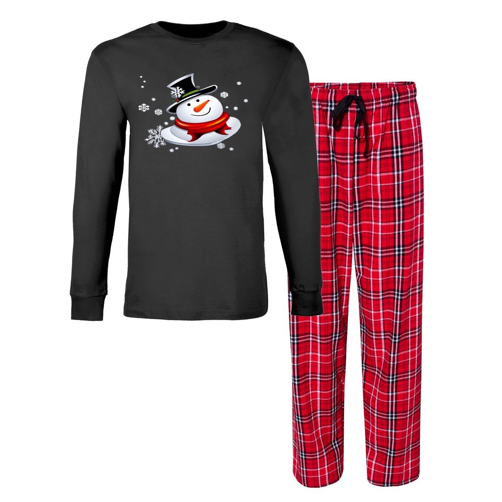 Black and Red Flannel - Snow Man's Delight Men's Long Sleeve Top and Flannel Christmas Pajama Set - mens pajamas at TFC&H Co.