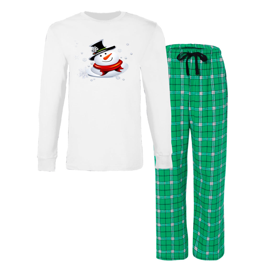 White and Green Flannel Snow Man's Delight Men's Long Sleeve Top and Flannel Christmas Pajama Set - men's pajamas at TFC&H Co.